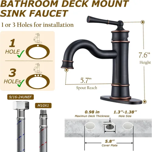 Miniatura 6 de Grifo para lavabo de baño romano ORB de un solo orificio para montaje en cubierta, conjunto de drenaje emergente con placa de cubierta