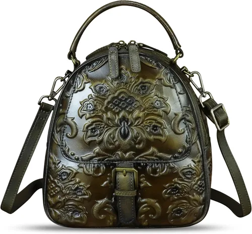 Bolso bandolera de cuero genuino para mujer, bolso cruzado en relieve, bolso cruzado con asa superior, mochila convertible hecha a mano