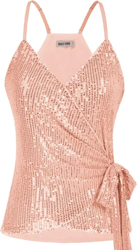 GRACE KARIN Camiseta de lentejuelas para mujer cuello en V sexy con lazo en la cintura para fiesta club cóctel camiseta