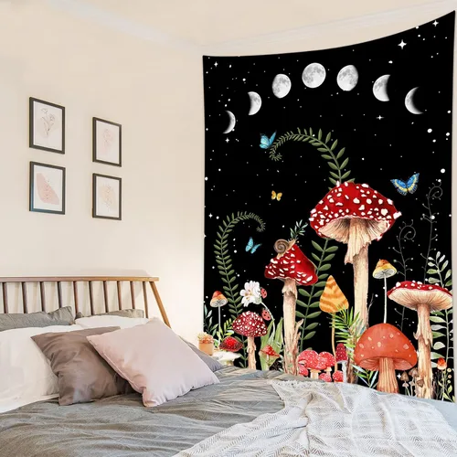 Miniatura 4 de HVEST Tapiz de hongos para colgar en la pared, tapiz bohemio de plantas y mariposas, noche con fase lunar y estrella, decoración de pared