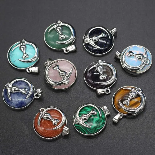 Miniatura 7 de LE SKY 10 colgantes de piedra natural de forma redonda, piedra de cristal mixta, aleación de gato, patrón para hacer joyas y collares