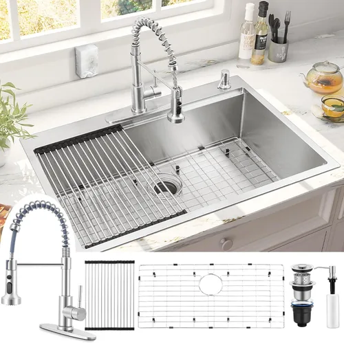 Herogo Fregadero de cocina de un solo tazón de 33 x 22 pulgadas, fregadero de acero inoxidable calibre 18/10 16, montaje superior, hecho a mano, 10