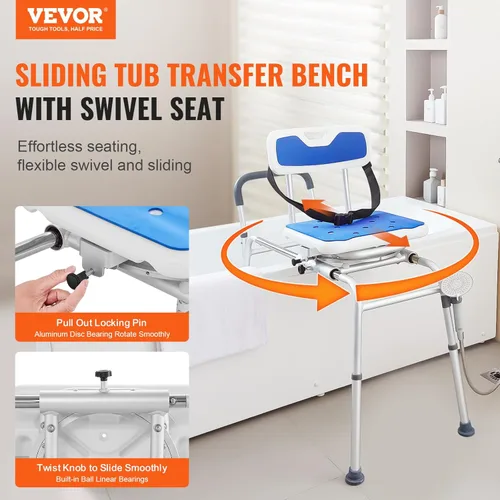 Miniatura 2 de VEVOR Banco de transferencia deslizante para bañera con asiento giratorio de 360 grados, banco de transferencia de bañera ajustable en altura