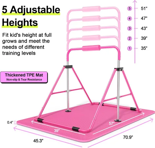 Miniatura 2 de Safly Fun Foldable Gymnastics Bar for Kids, Adjustable 35"-51", Sturdy 145 lbs Capacity, Easy-to-Assemble, Gymnastics Equipment for Kids for Rosa