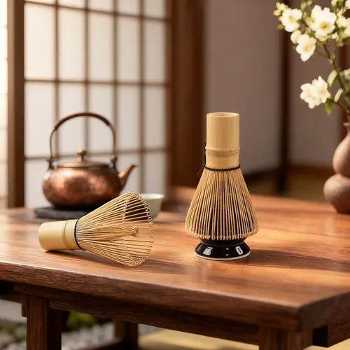 Miniatura 8 de Juego de batidor de matcha, 8 piezas de oro de flor de ciruelo para ceremonia de té japonesa, cuenco de cerámica con boquilla, batidor de bambú