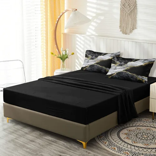 Miniatura 6 de Merryword - Juego de edredón de mármol negro, tamaño individual, 6 piezas, ropa de cama en una bolsa, diseño de mármol metálico dorado con 1