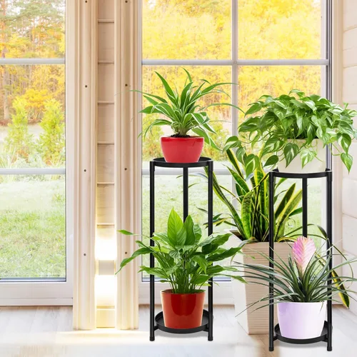 Miniatura 3 de Soporte para plantas de 2 niveles para interiores, soporte alto escalonado de esquina negra para múltiples plantas al aire libre, soportes de metal