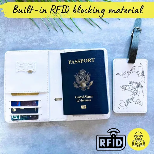 Miniatura 4 de Soporte para pasaporte del mapa del mundo, funda de pasaporte con bloqueo RFID y tarjetero de vacuna, cartera para pasaporte, funda para pasaporte