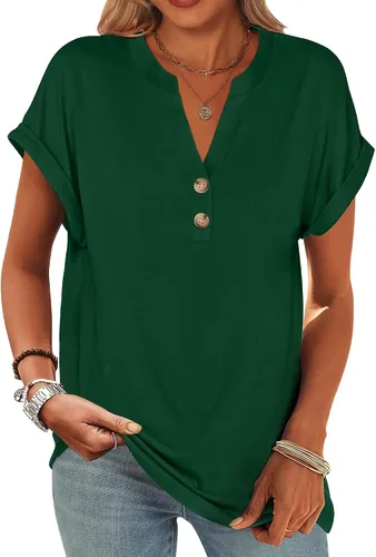 Miniatura 14 de ANRABESS - Camisetas Henley de manga corta para mujer, cuello en V, elegantes, estilo informal, de corte suelto; blusas fluidas de verano, ropa