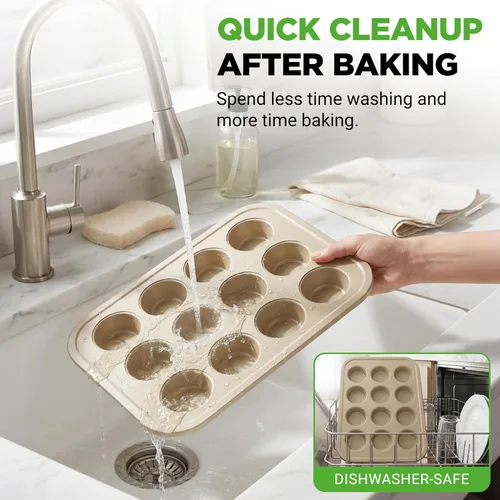 Miniatura 7 de NutriChef Moldes antiadherentes para magdalenas de 12 tazas para cupcakes, molde de 2 piezas para cupcakes, bandeja apilable de acero al carbono