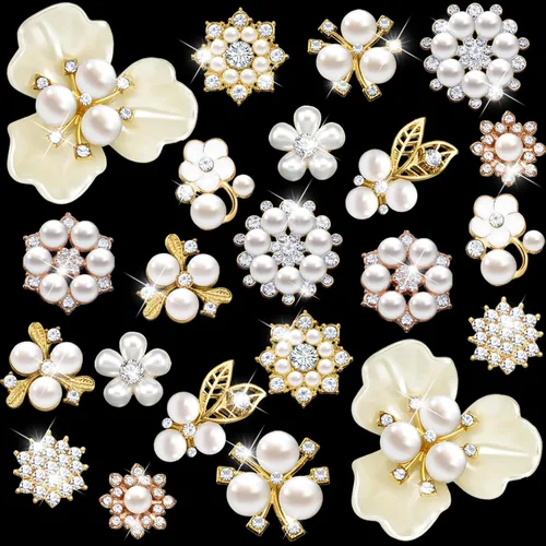 Hicarer 22 Pieces Pearl Rhinestone Buttons Rhinestone Faux Pearl Embellishments Brooch Alloy Floral Pendants for Jewelry Making Party Wedding Bridal