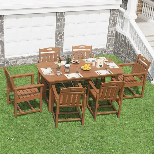 Juego de comedor al aire libre HDPE, mesa exterior de 7 piezas para todo tipo de clima y 6 sillas | Teca