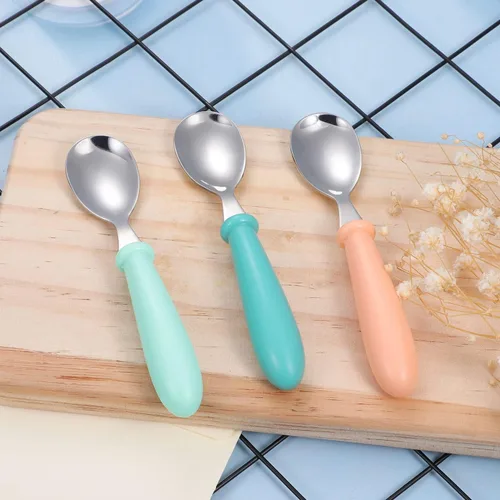 Miniatura 2 de Pimoys Juego de 6 cucharas de acero inoxidable para niños, con mango redondo, sin BPA, apto para lavavajillas Verde menta/Verde vidrio/Naranja coral