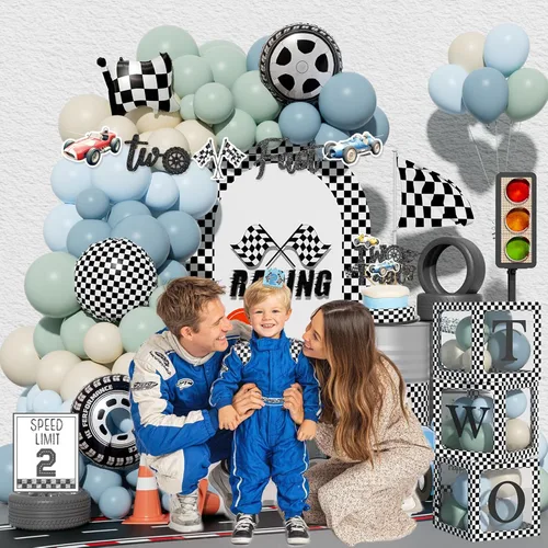 Miniatura 6 de Dos decoraciones de cumpleaños rápidas para niños – 138 piezas de auto de carreras de 2º cumpleaños suministros de fiesta con telón de fondo