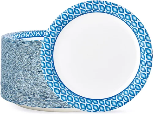 MUCHII Platos de papel de 10 pulgadas, 150 unidades a prueba de remojo y corte, platos desechables grandes azules a granel para uso diario, fiestas
