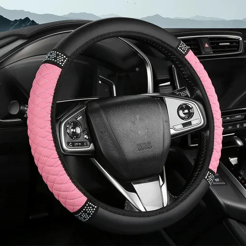 Miniatura 13 de Funda brillante para volante de automóvil, 15 pulgadas, con diamantes de imitación de cuero suave, protector elástico para volante, diamante