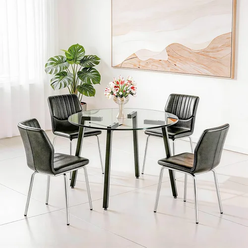 Miniatura 21 de Juego de mesa de comedor de cristal para 4, mesa rectangular con 4 sillas de cocina de cuero gris, juego de comedor de cocina de 51 pulgadas, mesa 4