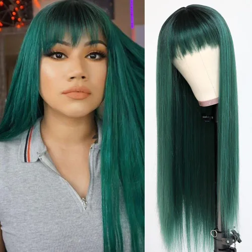 Miniatura 13 de QD-Tizer Pelucas sintéticas de color rubio ceniza con flequillo, pelucas de cabello largo y lacio, sin pegamento, pelucas sintéticas sin encaje