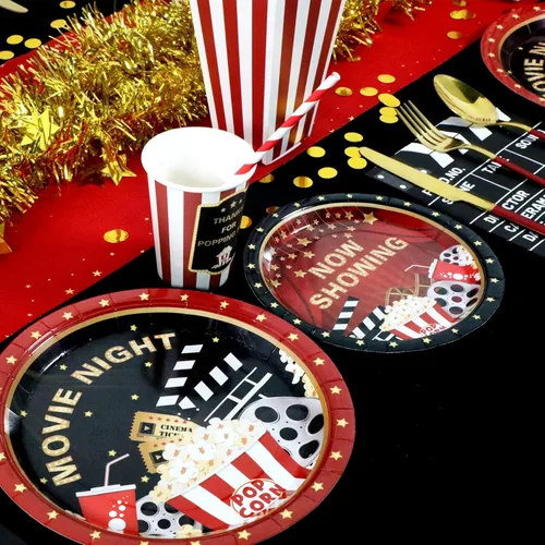 Miniatura 6 de Recheel Suministros para fiesta temática de película, decoración para cumpleaños con platos y servilletas de papel con tazas y pajitas para 24 Movie