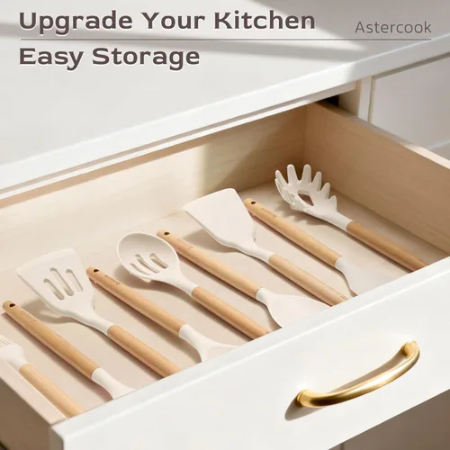 Miniatura 9 de Astercook Juego de utensilios de cocina, 39 piezas de utensilios de cocina de silicona con mango de madera, juegos de utensilios de cocina Crema