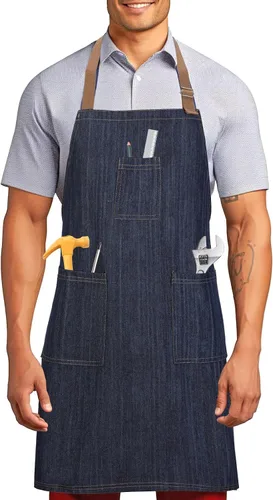 Delantal de mezclilla de algodón para hombres y mujeres, delantal de chef profesional con bolsillos grandes para cocina, jardinería, barbacoa,