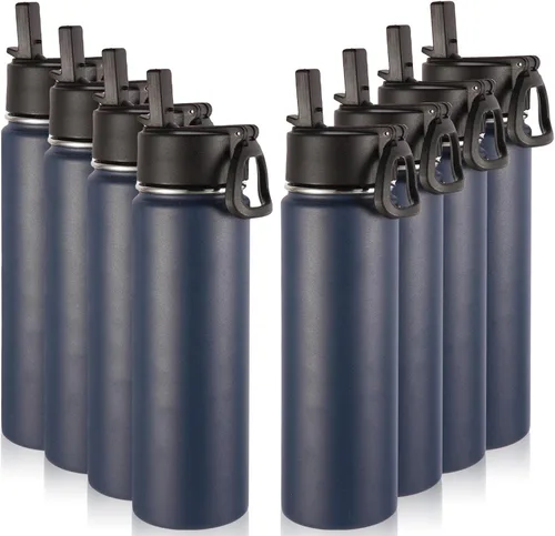 Miniatura 25 de Volhoply Botellas de agua aisladas con popote a granel, paquete de 4, botella deportiva de acero inoxidable de 22 onzas con tapa, vasos de agua