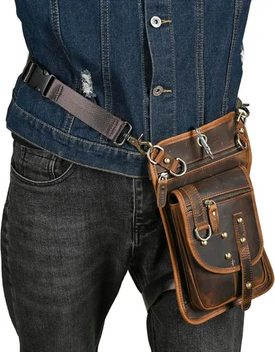 Miniatura 2 de Riñonera de viaje de lona + cuero para motocicleta, bolsa de cintura para muslo, bolsa para hombres y mujeres FB2141