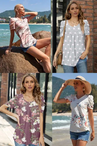 Miniatura 6 de Anydeer Camiseta casual de verano para mujer, manga abombada, cuello en V, blusa suelta, suéter de moda