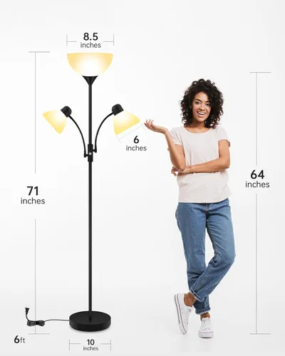 Miniatura 7 de Torchiere - Lámpara de pie para sala de estar, lámpara de pie de 71 pulgadas de alto, lámparas de dormitorio con luz de lectura, interruptor Negro