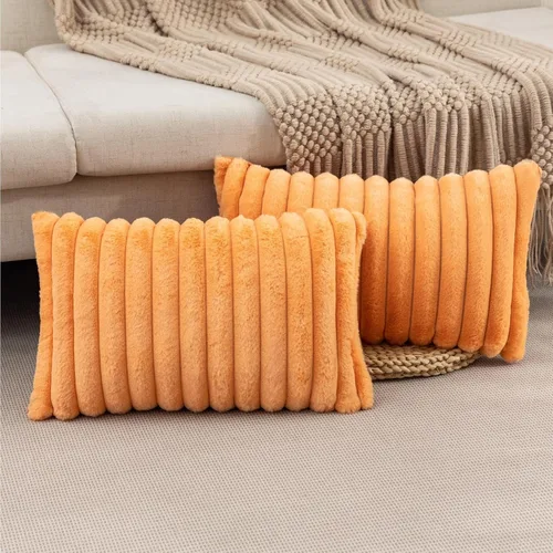 Miniatura 16 de ZLINA Juego de 2 fundas de almohada decorativas de piel sintética color albaricoque, fundas de cojín esponjosas a rayas, 16 x 16 pulgadas