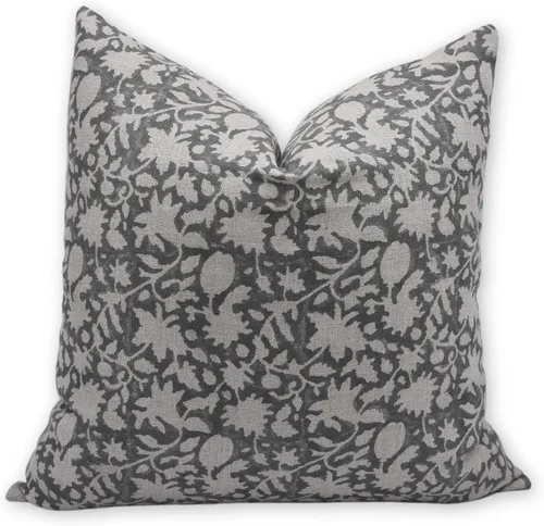 Funda de cojín vintage hecha a mano con estampado de bloques de lino grueso de 20 x 20 pulgadas, con cremallera, para sofá, sillón y cama, Gris claro