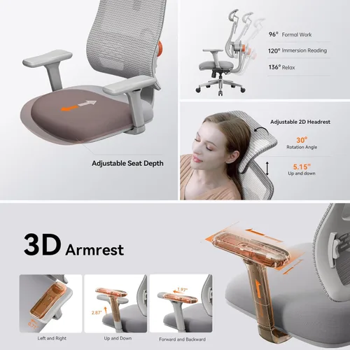 Miniatura 4 de Newtral Silla de oficina con soporte lumbar, silla de escritorio ergonómica de respaldo alto con reposacabezas ajustable, reposabrazos 3D, Gris