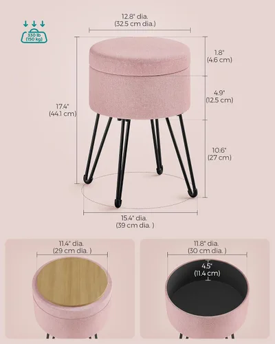 Miniatura 3 de SONGMICS Taburete de tocador, taburete otomano pequeño con almacenamiento, silla de tocador, 15.4 de diámetro x 17.4 pulgadas, 4 patas de metal