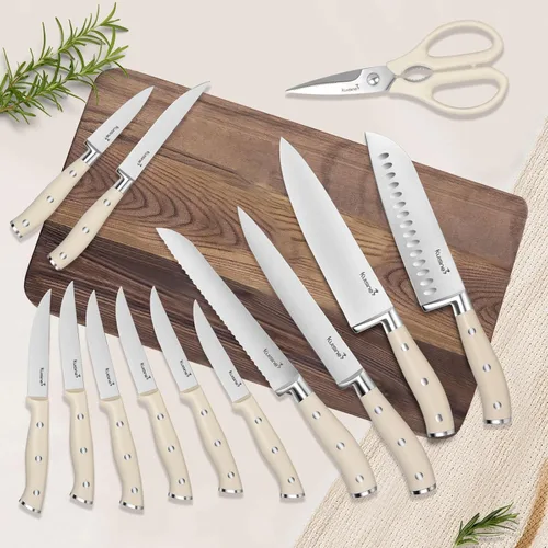 Miniatura 7 de Juego de cuchillos de chef Kuisine, juego de cuchillos de acero inoxidable de alto carbono afilados con mango ergonómico, juego de bloques de Blanco