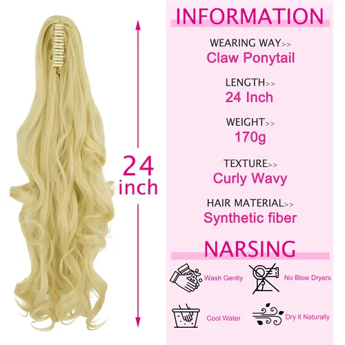 Miniatura 6 de OMGREAT Extensiones de cola de caballo largas con clip, extensiones sintéticas gruesas de 24 pulgadas para mujer, con garra de mandíbula, rubio