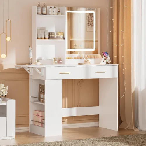 Miniatura 2 de ERLEJIA Escritorio de tocador con espejo y luces, mesa de maquillaje de 43.31 pulgadas con 4 cajones sin taburete, escritorio extra plegable con 3