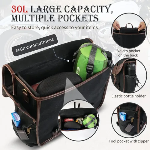 Miniatura 5 de NICECNC Bolsas de sillín para motocicleta, alforjas vintage de lona encerada en aceite, bolsas laterales de gran capacidad compatibles con Harley