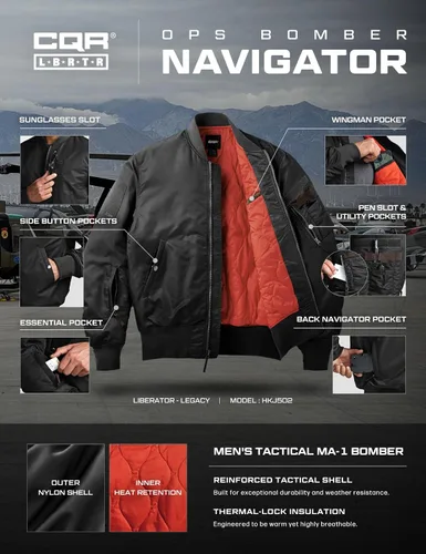 Miniatura 4 de CQR Chaqueta bomber casual para hombre, cortavientos con cremallera para exteriores de otoño/invierno, chaqueta de vuelo MA-1 acolchada resistente