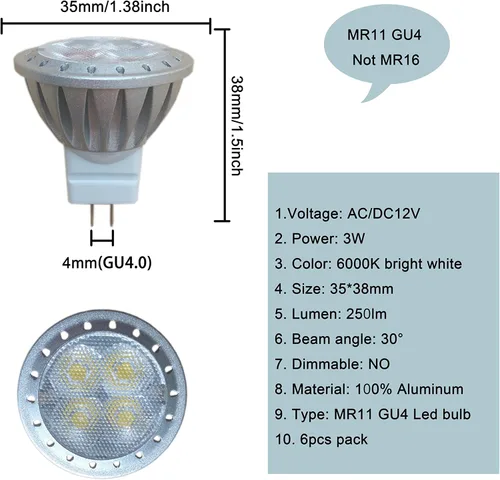 Miniatura 3 de ALIDE Bombillas LED MR11 GU4 de 6000 K, luz diurna blanca brillante fría de 3 W, reemplazo equivalente a halógeno de 20 W, 35 W, equivalente a