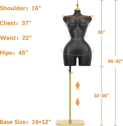Miniatura 7 de Modelo de torso de maniquí femenino dorado y plateado con altura ajustable y soporte de base de metal para tienda de ropa al por menor (negro, L)