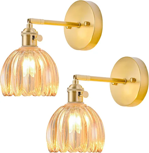 Miniatura 14 de Juego de 2 apliques de pared enchufables, apliques de pared vintage con pantalla de cristal transparente de tulipán, aplique de pared