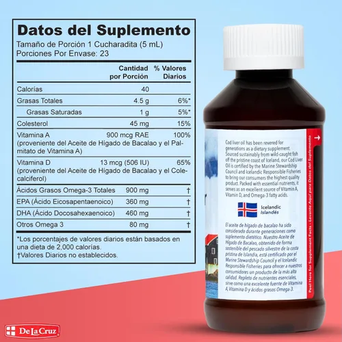 Miniatura 8 de De La Cruz Aceite de hígado de bacalao líquido puro de pescado islandés capturado en la naturaleza, rico en vitamina D y aceite de pescado Omega 3