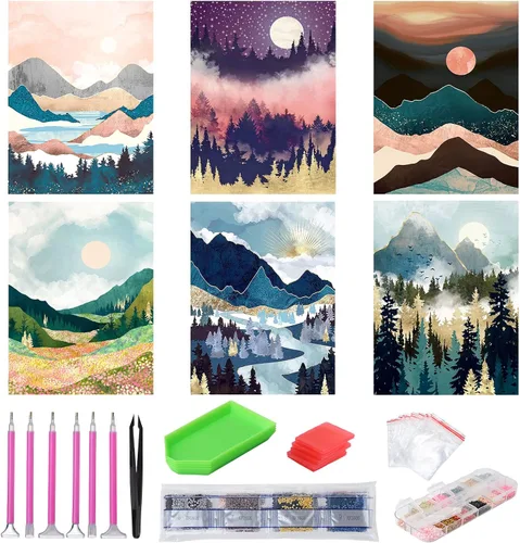 abcGoodefg Kits de Arte de Diamantes para Adultos Paquete de 6, Pinturas de Arte de Diamantes 5D DIY Conjunto de Paisaje de Montaña Taladro Completo