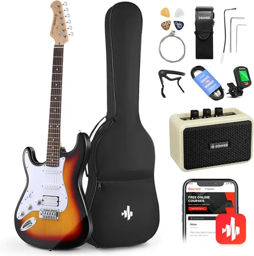 Donner Kit de guitarra eléctrica de 39 pulgadas, cuerpo sólido, Sunburst, para zurdos, principiantes, tamaño completo, con amplificador, lección en
