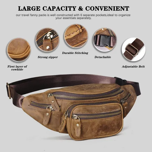 Miniatura 5 de Handadsume Riñonera de lona resistente al agua + cuero para senderismo, viajes, riñonera pequeña para hombres y mujeres FB811-29, X-346-Marrón