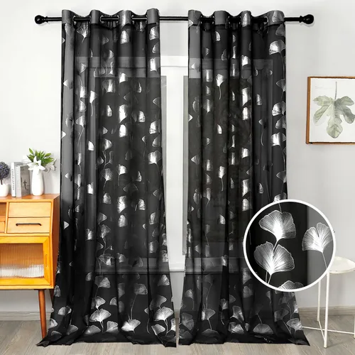 Miniatura 27 de Youleyar - 2 paneles de cortinas de gasa con estampado de lámina dorada, con ojales en la parte superior, para ventana, de 63 pulgadas de largo