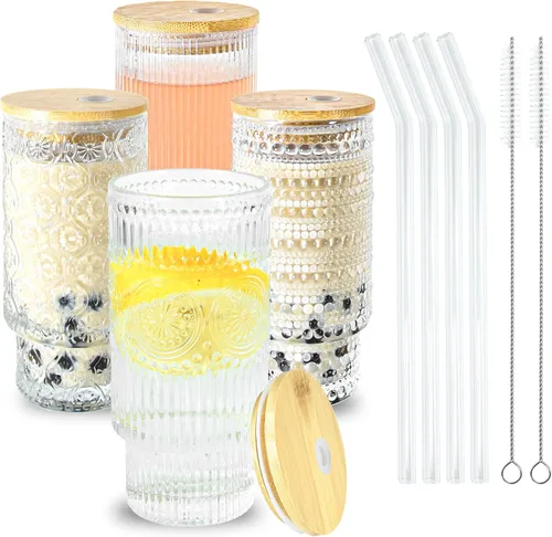 Miniatura 11 de Juego de taza de café de vidrio de 16 onzas con tapas y pajita Vintage Begonia, Dishwasher Safe, Natural Bamboo Lid, Car Hold Friendly, Non-slip