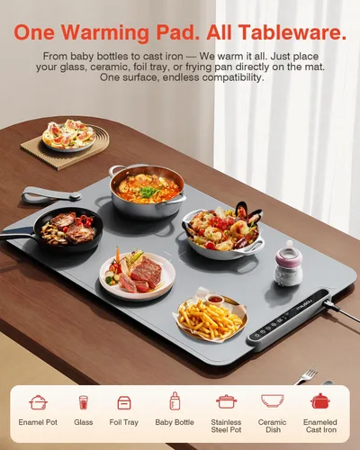 Miniatura 5 de Tapete Calentador para Alimentos, Bandeja Calentadora Eléctrica iTRUSOU Calor Continuo 99H, 7 Configuraciones de Temperatura, Calentamiento Gris