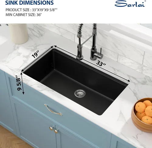Miniatura 5 de Sarlai 33 Fregadero de cocina compuesto de granito - 33 x 19 pulgadas Granito negro bajo encimera Fregadero de trabajo de borde negro mate Granito
