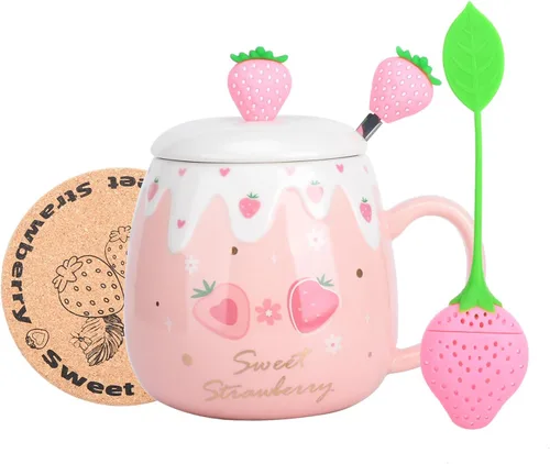 Miniatura 7 de Taza rosa, lindas tazas de fresa con cuchara coladora de tapa, regalos para mujeres, tazas de café de cerámica, taza de té Kawaii de 15 onzas